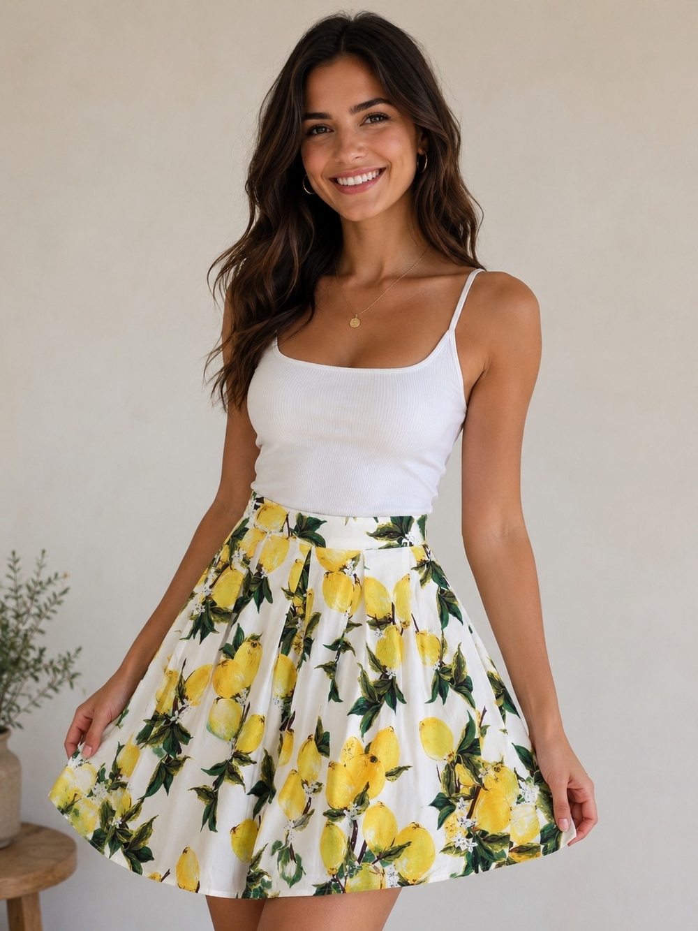 Lemon Print Pleated Skater Skirt | Coastal Cottage Summer Skirt | Citrus Print M